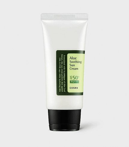 showcasing a bottle of COSRX Aloe Soothing Sun Cream