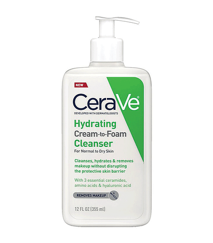 CeraVe Hydrating Cleanser Cream-to-Foam in white and blue packaging against a white background.